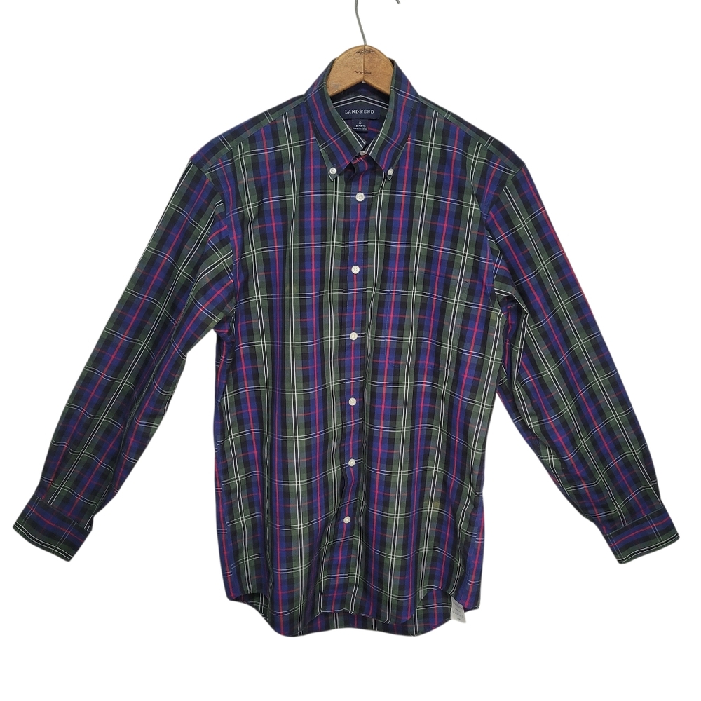 Lands End Men's Cotton Long Sleeve Plaid Button Down Shirt Size S 14-14 1/2 Dad